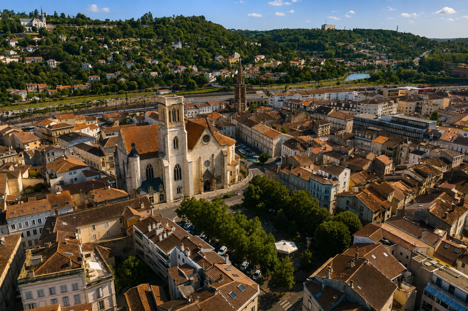 Le centre d'Agen vu du ciel — un grand clocher gothique au milieu des toits de tuiles, la ville étalée dans la plaine de la Garonne au pied de ses coteaux