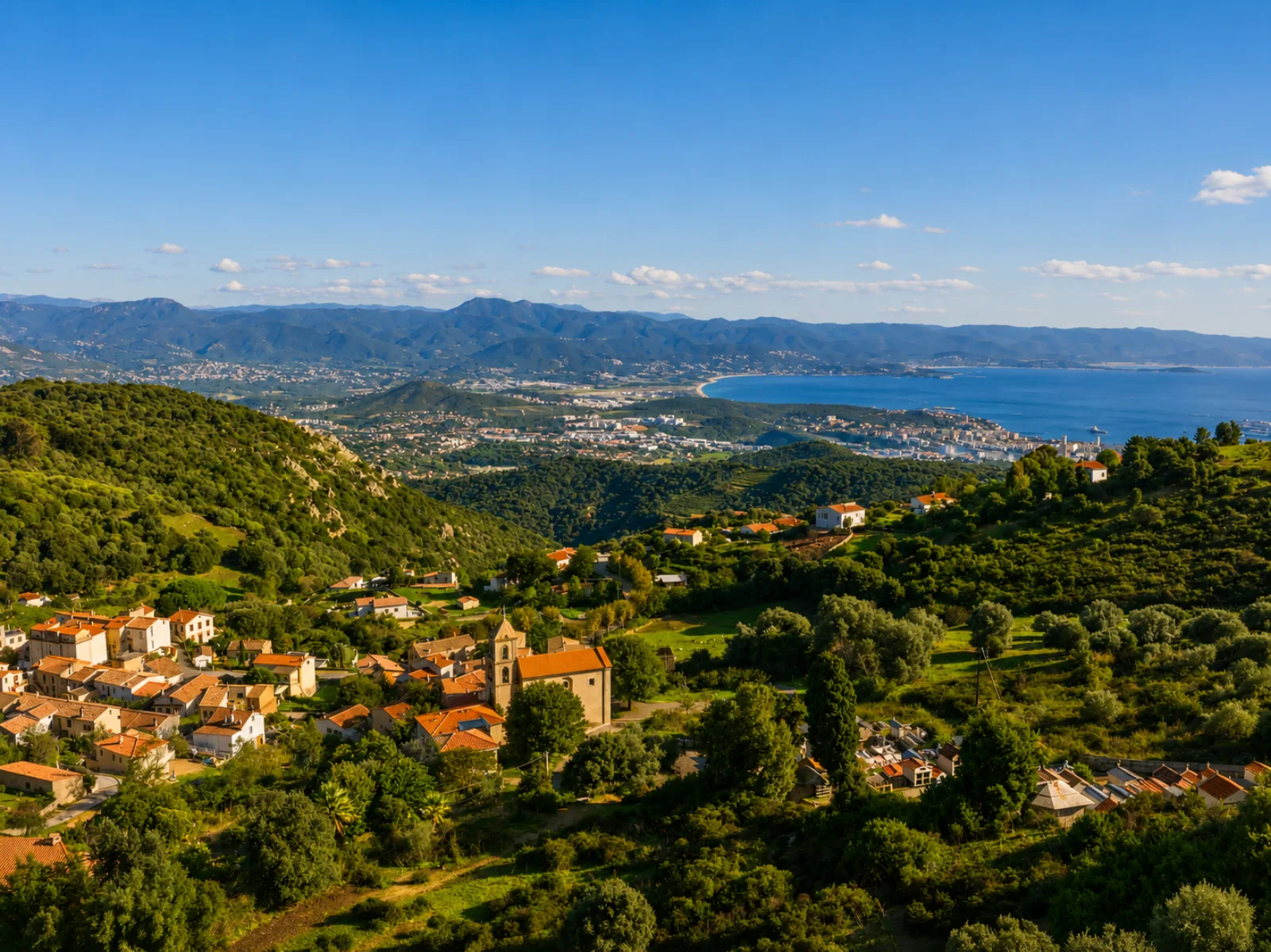 Alata sur ses hauteurs — le village et son église au-dessus du maquis, la plaine côtière et le golfe d'Ajaccio à l'horizon