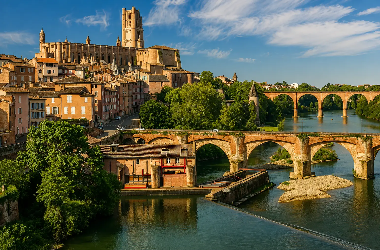 La cathédrale Sainte-Cécile d'Albi, immense vaisseau de brique, dominant le Tarn et le Pont-Vieux — la cité épiscopale accrochée à sa rive