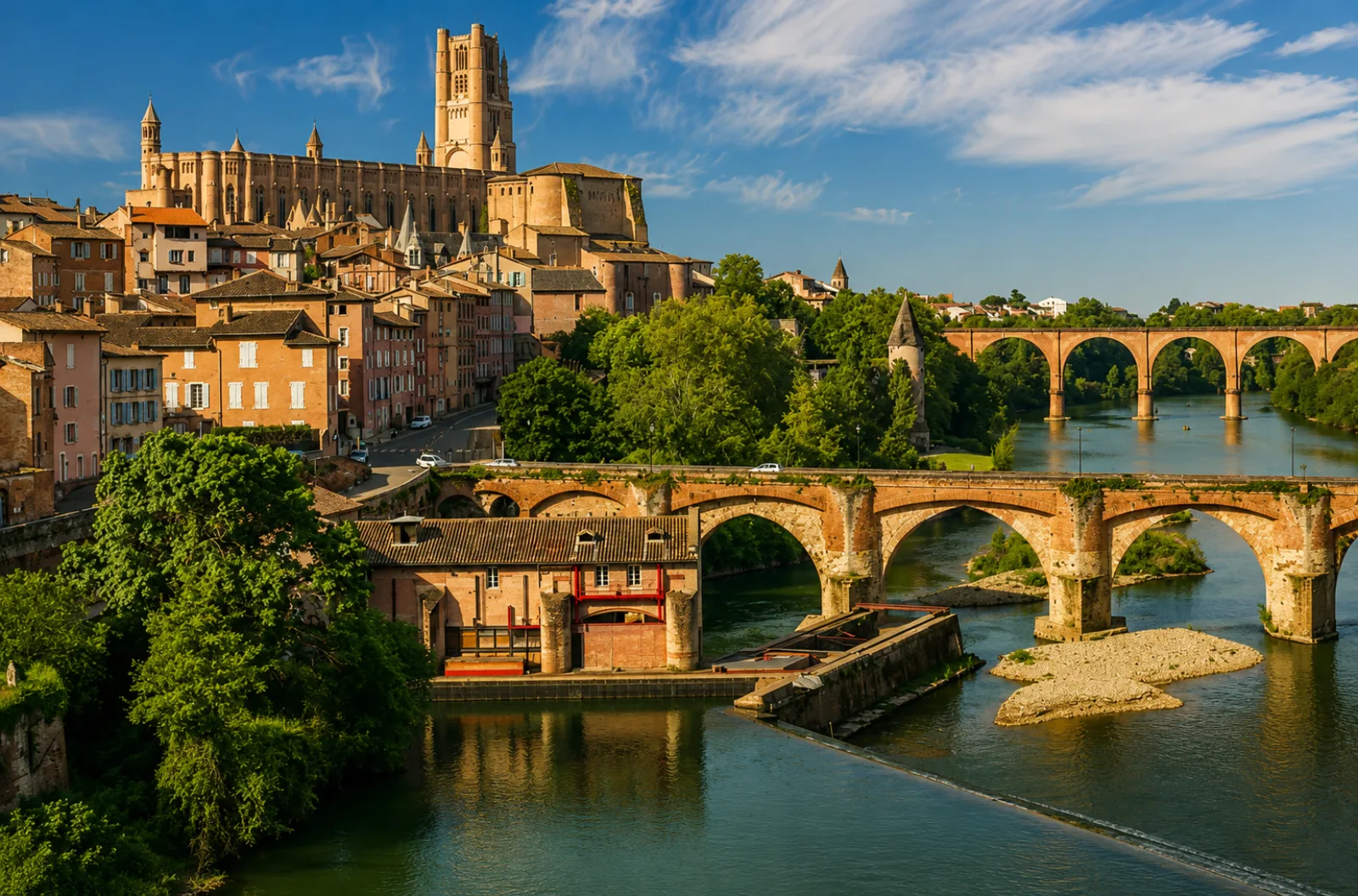 La cathédrale Sainte-Cécile d'Albi, immense vaisseau de brique, dominant le Tarn et le Pont-Vieux — la cité épiscopale accrochée à sa rive