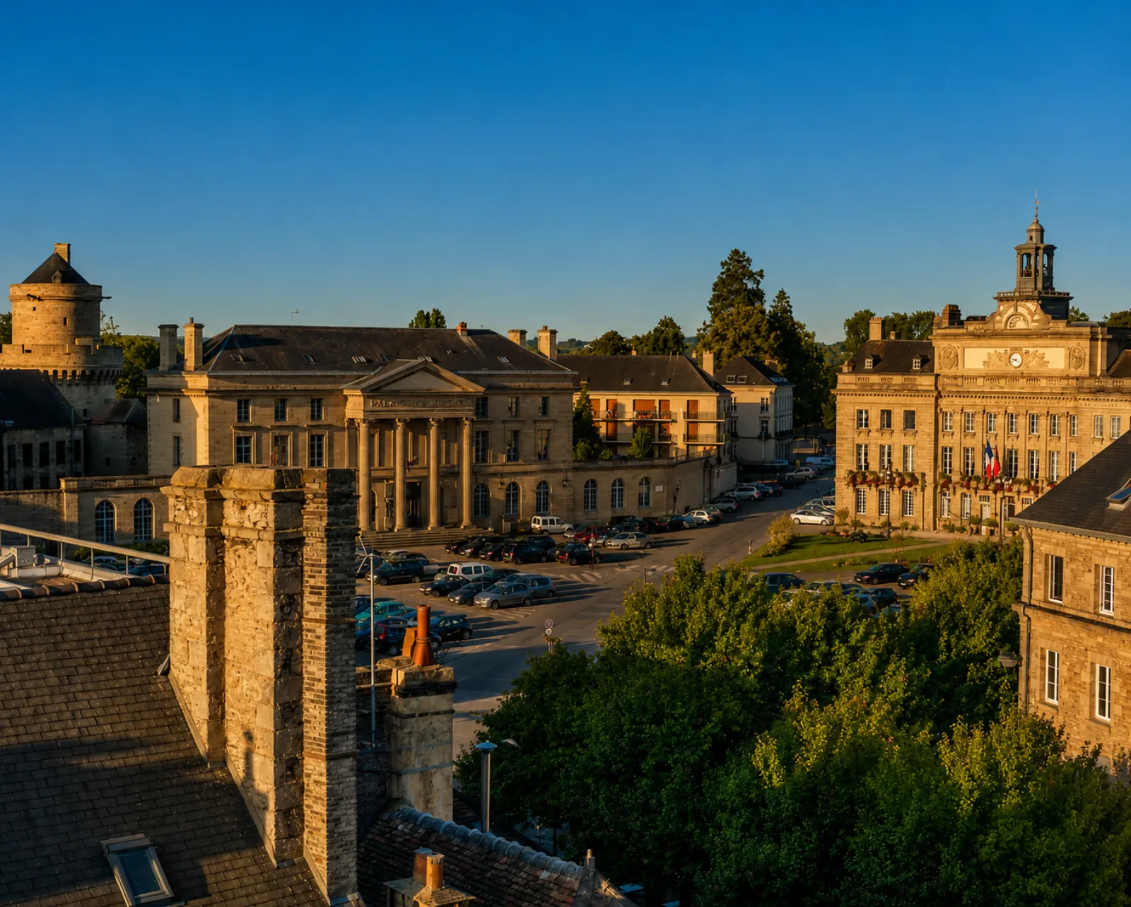 Le cœur d'Alençon au couchant — palais de justice à colonnes, hôtel de ville et tour ducale, entre plaine normande et collines du Maine