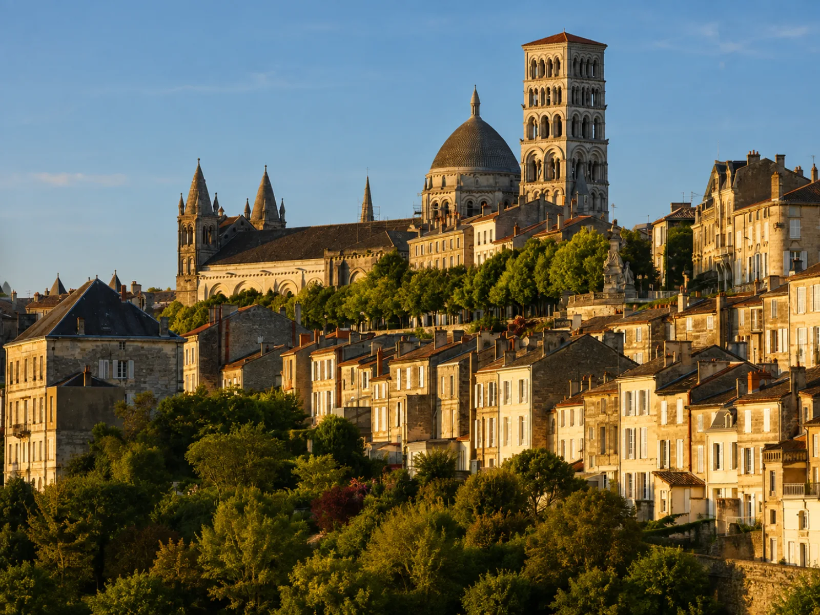 La cathédrale Saint-Pierre d'Angoulême, son clocher à arcatures et sa coupole, au-dessus de la ville haute étagée sur son plateau calcaire