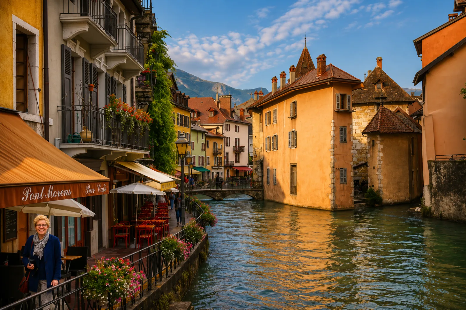 Les canaux de la vieille ville d'Annecy, montagnes en toile de fond — bâtir entre lac, molasse et cônes torrentiels des Préalpes