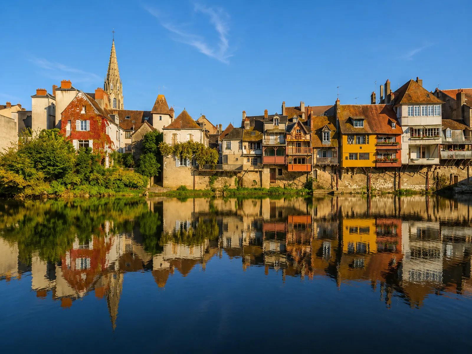 Les maisons suspendues d'Argenton-sur-Creuse et leur reflet dans la rivière — la Venise du Berry, bâtie au ras de l'eau