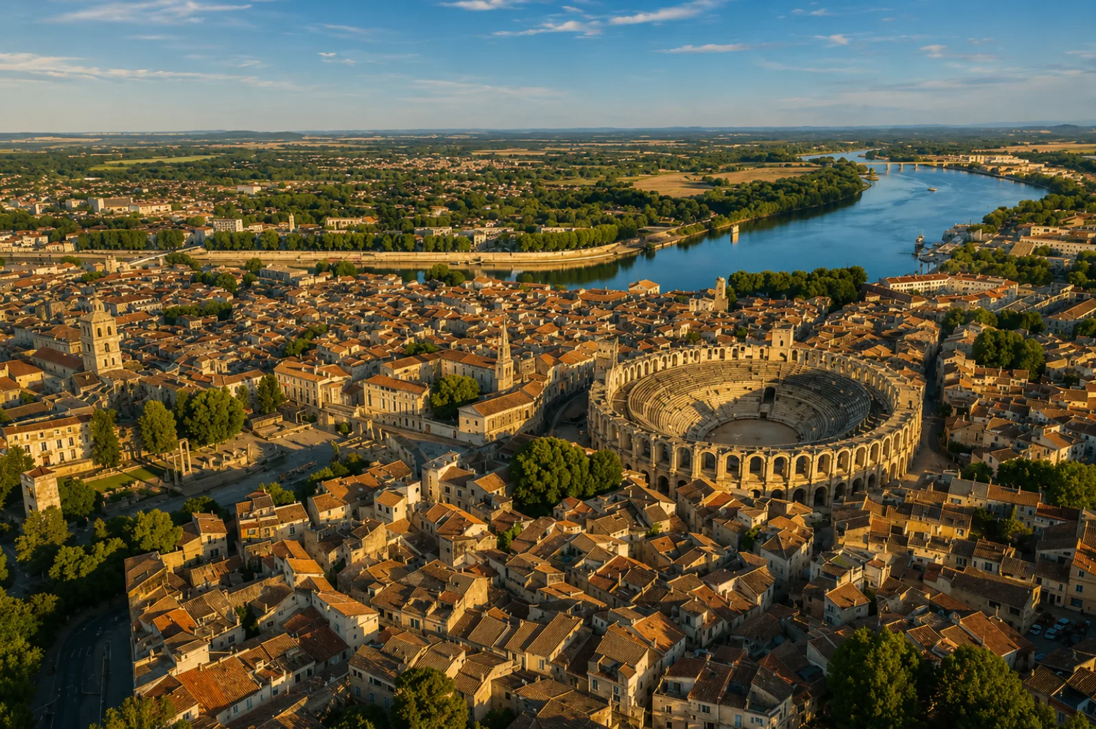 Arles vue du ciel — l'amphithéâtre romain au cœur du bourg ancien, le Rhône et la plaine deltaïque du delta en arrière-plan