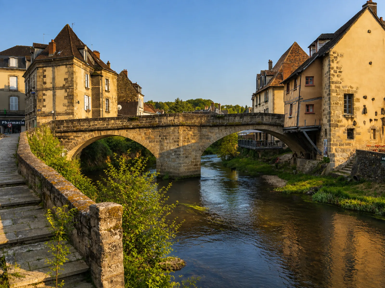 Un pont de pierre à deux arches sur la Creuse à Aubusson — maisons de granit accrochées aux deux rives de la cité de la tapisserie