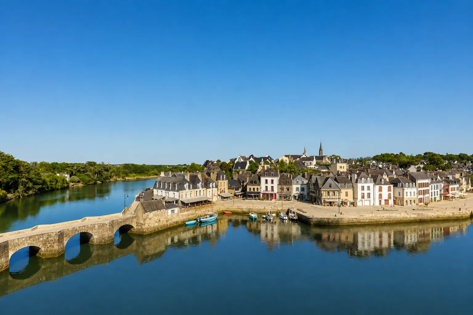 Le port de Saint-Goustan à Auray — pont de pierre à arches sur la rivière, quais maçonnés et maisons anciennes au bord de l'eau