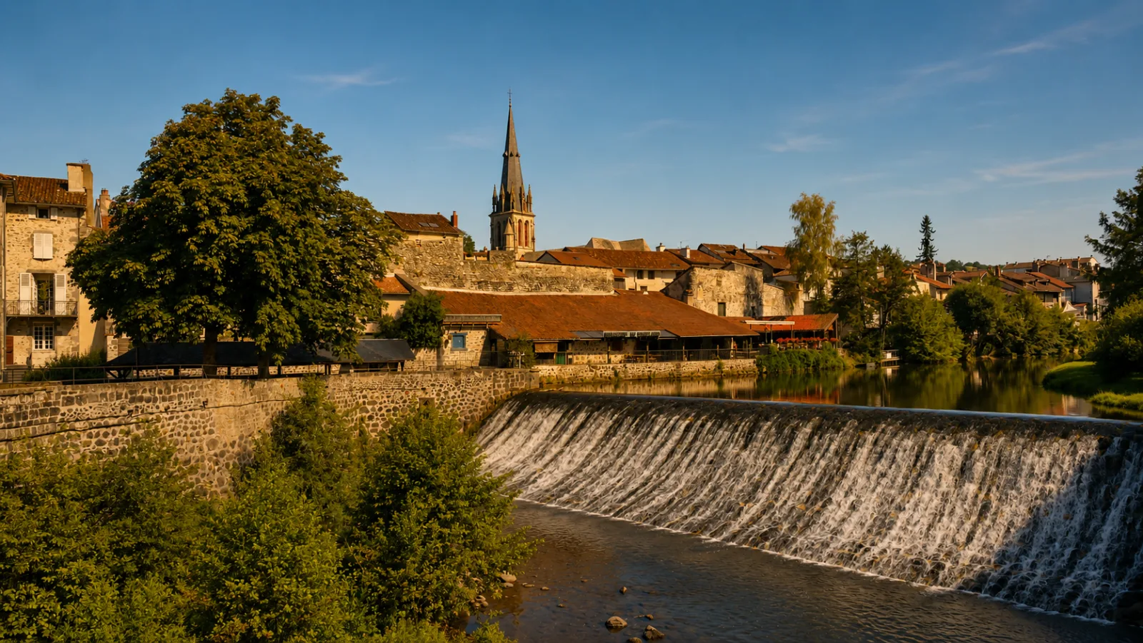 Aurillac au fil de la Jordanne — déversoir, quais en pierre volcanique et clocher effilé, la préfecture du Cantal au pied de ses monts