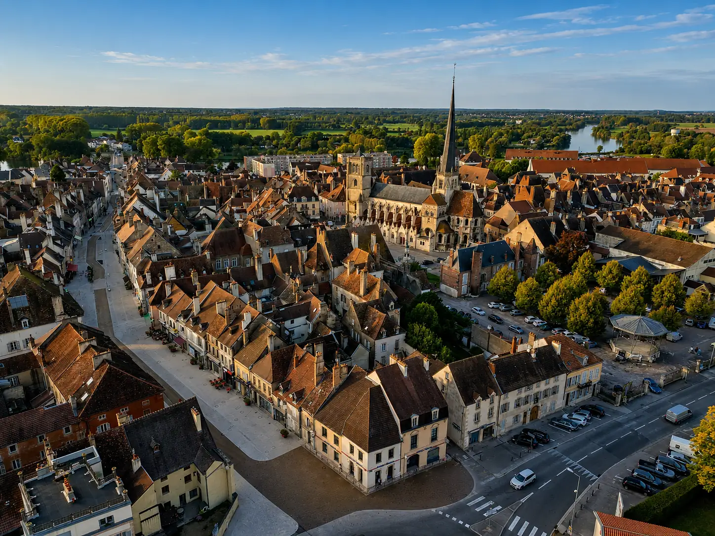 Auxonne vue du ciel — les toits de tuiles et le clocher de l'église Notre-Dame, la Saône et sa plaine à l'arrière-plan
