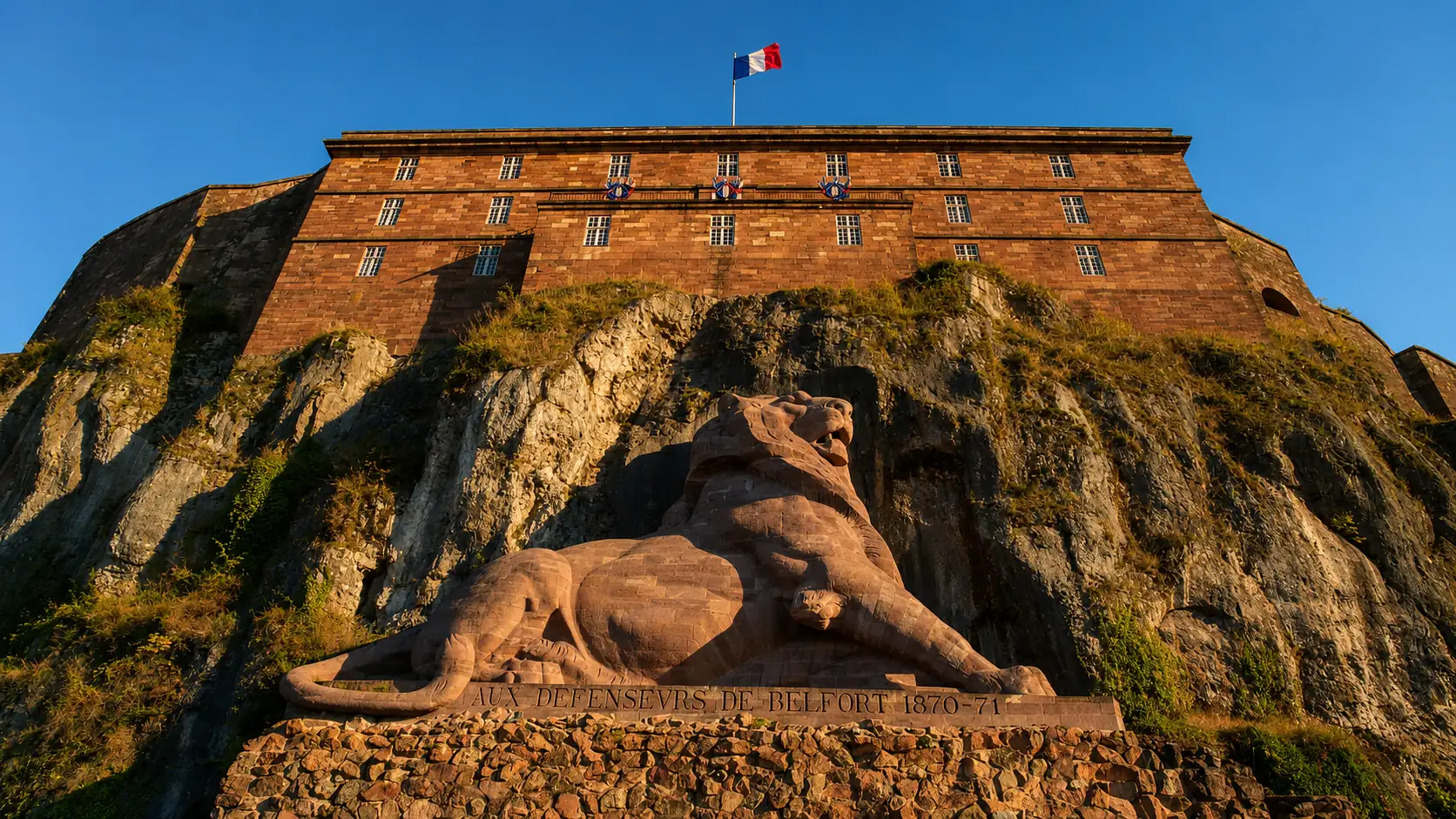 Le Lion de Bartholdi au pied de la citadelle de Belfort — un monument taillé dans le grès, adossé au rocher qui porte la forteresse