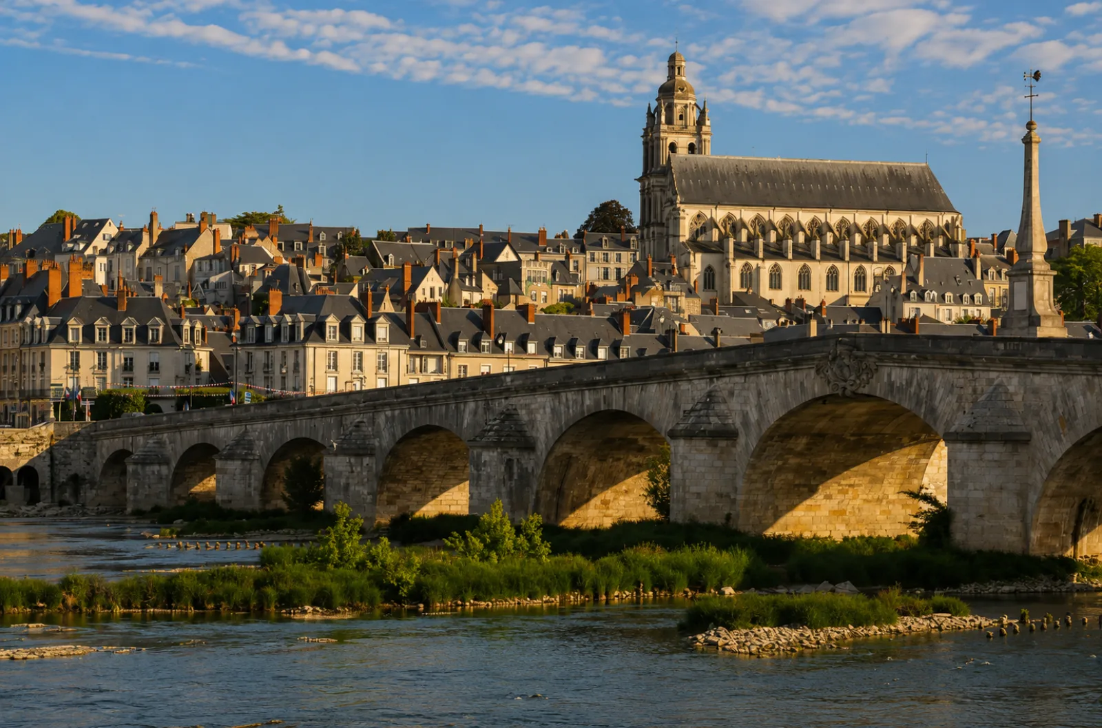 Le pont Jacques-Gabriel et son obélisque enjambant la Loire à Blois — la cathédrale Saint-Louis dominant la ville étagée, bancs de sable au fil du courant