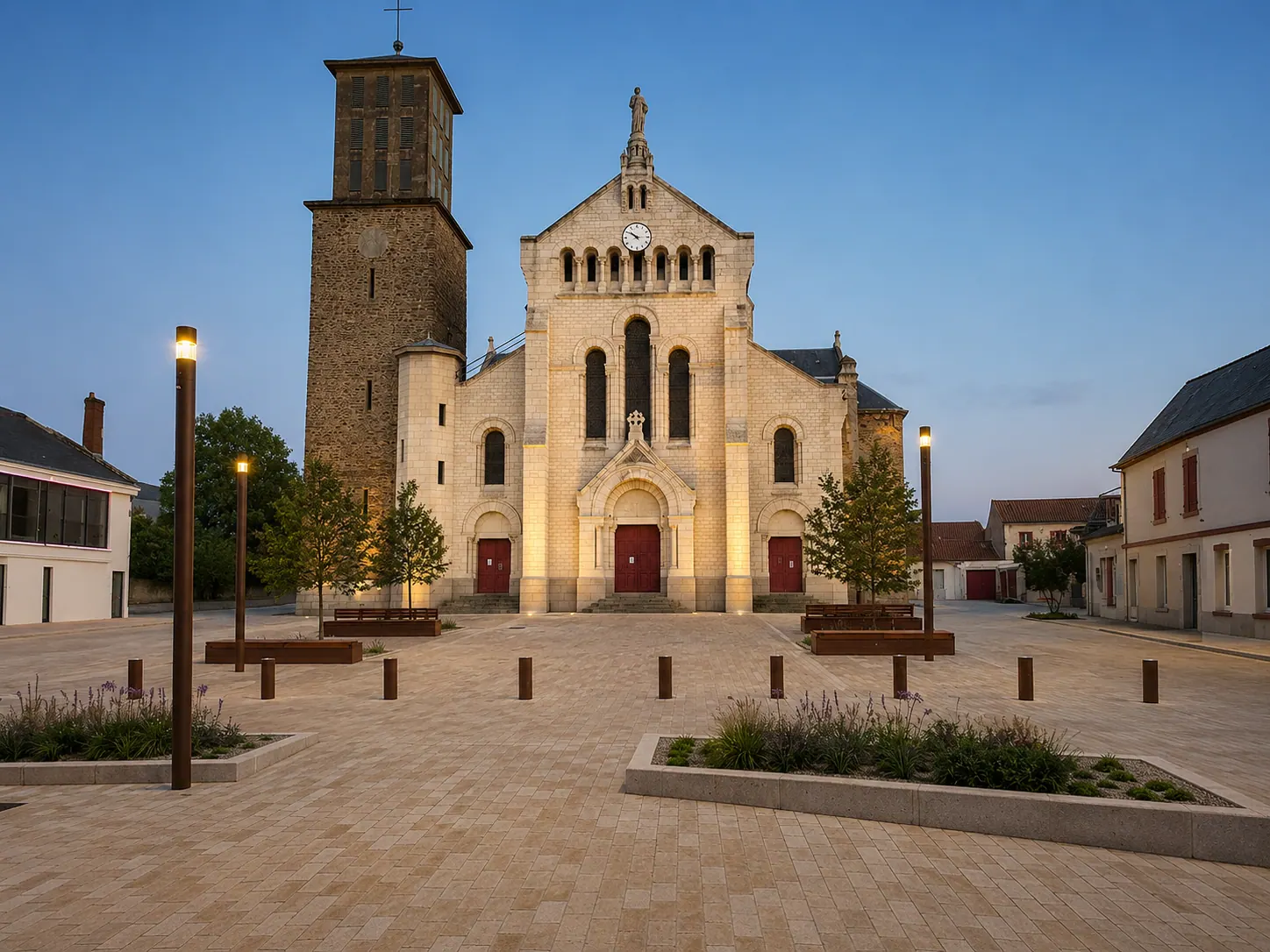 L'église Saint-Pierre de Bouguenais au soir — clocher massif en moellons sombres contre façade claire, sur son parvis repavé aux portes de Nantes