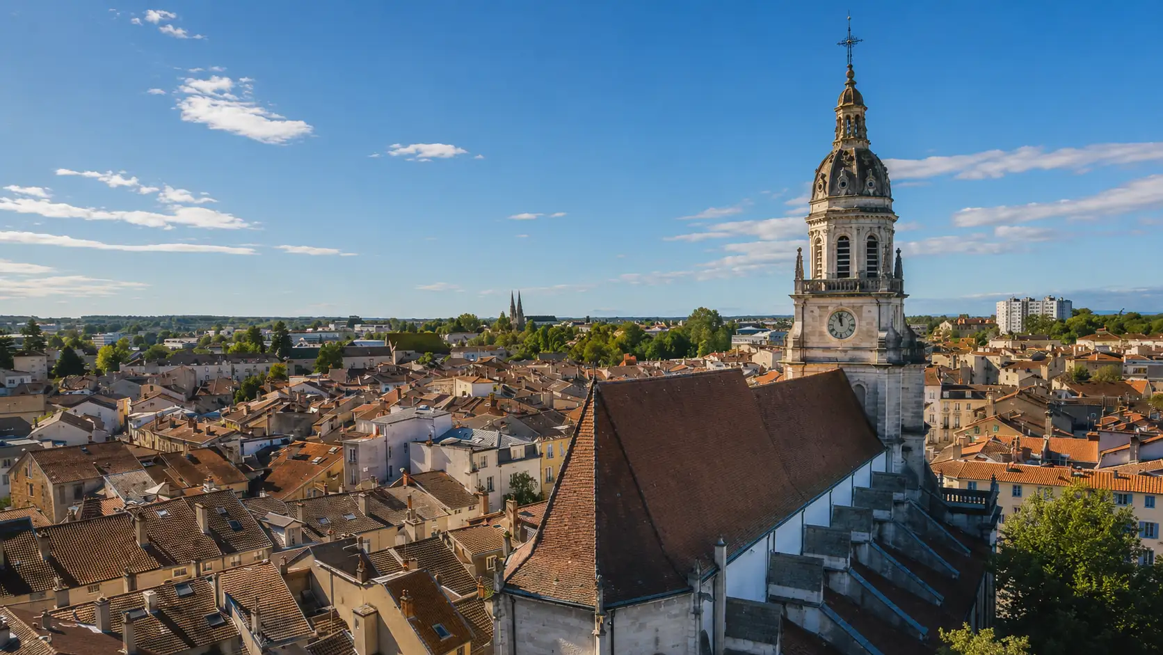 Le clocher de Notre-Dame au-dessus des toits de Bourg-en-Bresse — la préfecture de l'Ain dans la plaine de Bresse