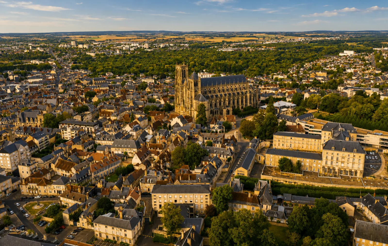 La cathédrale Saint-Étienne de Bourges et ses arcs-boutants étagés au-dessus des toits de la ville, la plaine berrichonne à l'horizon