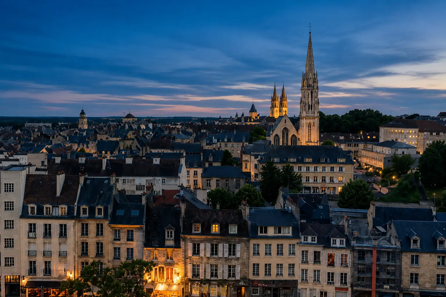 Les toits de Caen au crépuscule, flèches et abbayes à l'horizon — la ville de la pierre de Caen, calcaire blond extrait de son propre sous-sol