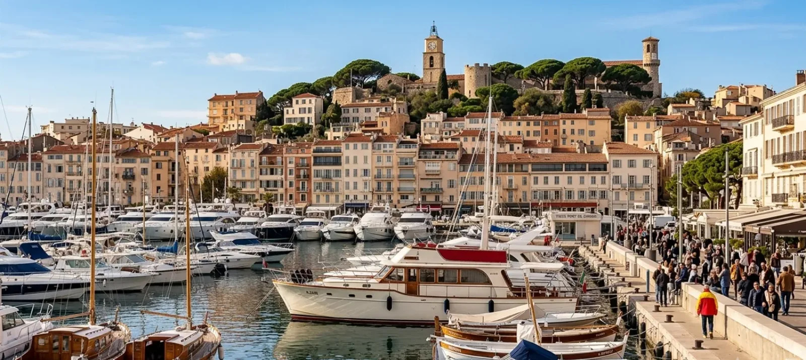 Le Suquet dominant le vieux port de Cannes — la vieille ville juchée sur son pointement rocheux face aux quais