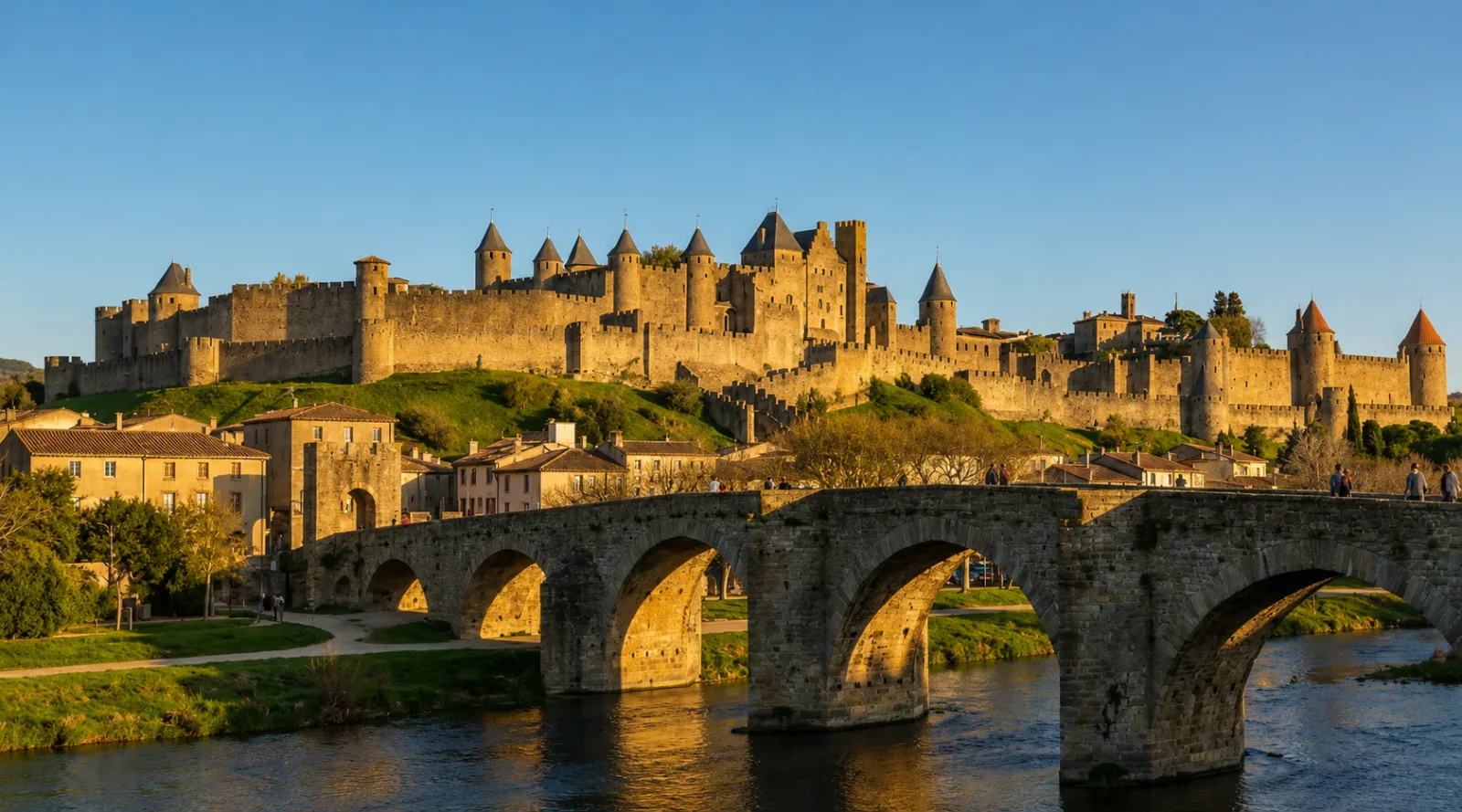 La Cité de Carcassonne et le pont Vieux sur l'Aude au couchant — huit siècles de remparts fondés sur leur butte
