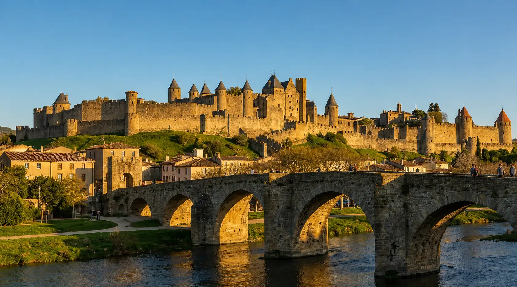 La Cité de Carcassonne et le pont Vieux sur l'Aude au couchant — huit siècles de remparts fondés sur leur butte