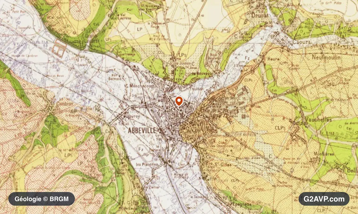 Carte géologique BRGM au 1/50 000 du secteur d'Abbeville : sables en formations dominantes, repère au centre de la commune