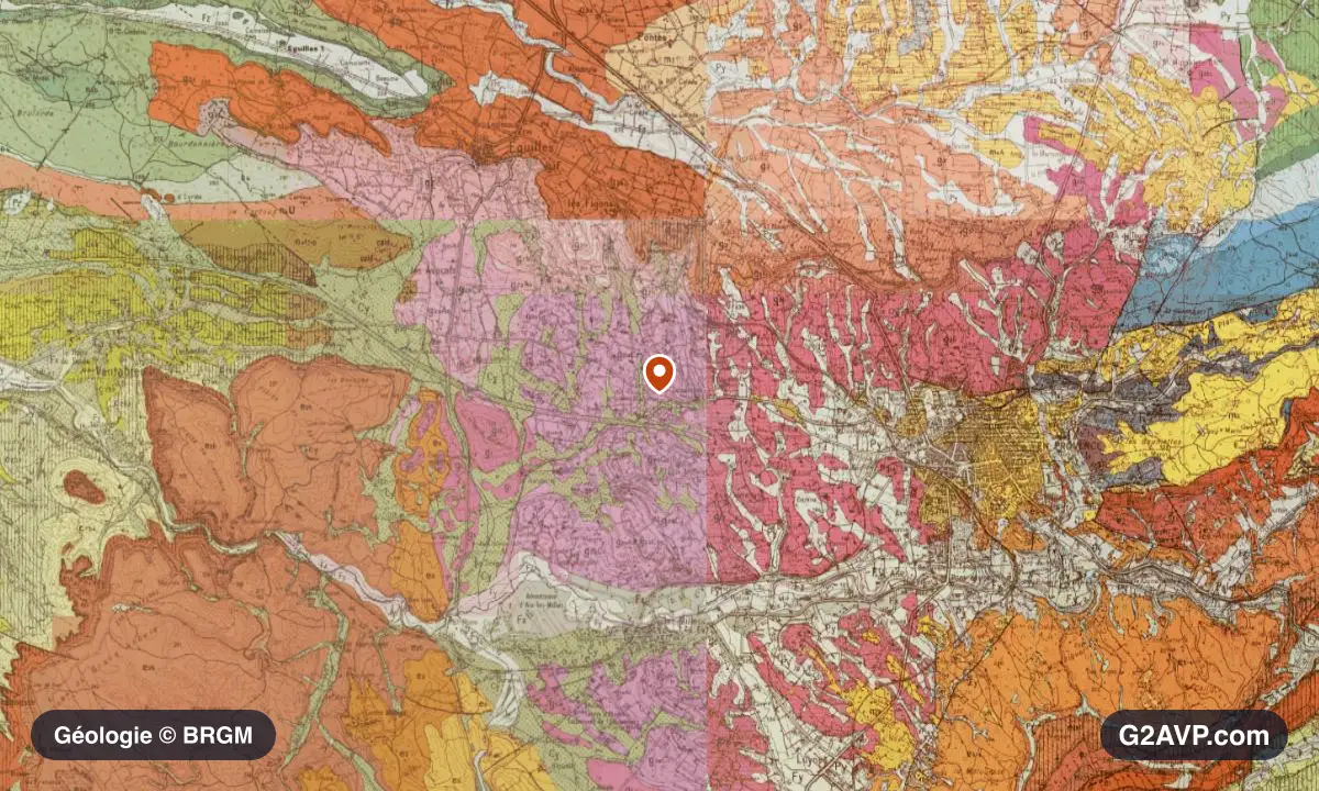 Carte géologique BRGM au 1/50 000 du secteur d'Aix-en-Provence : grès en formations dominantes, repère au centre de la commune