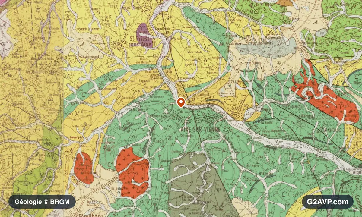 Carte géologique BRGM au 1/50 000 du secteur d'Aixe-sur-Vienne : granites en formations dominantes, repère au centre de la commune