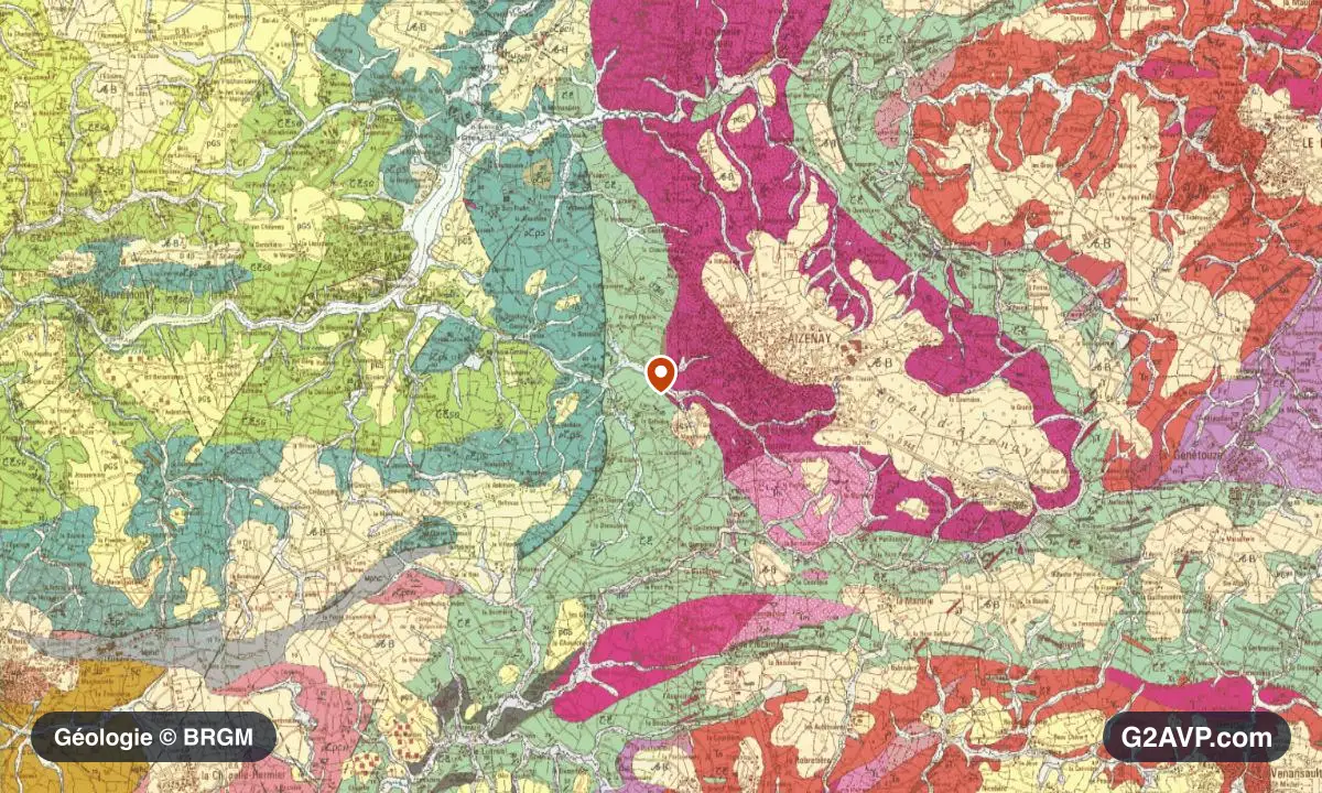 Carte géologique BRGM au 1/50 000 du secteur d'Aizenay : granites en formations dominantes, repère au centre de la commune
