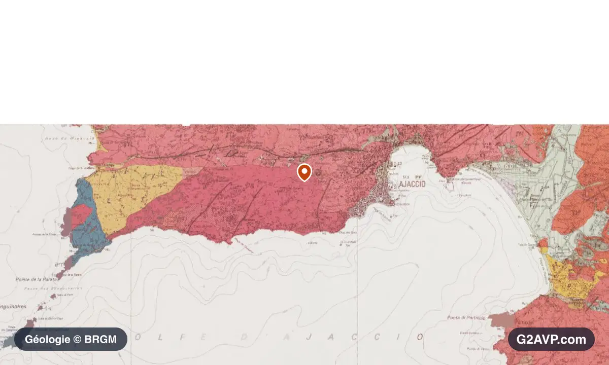 Carte géologique BRGM au 1/50 000 du secteur d'Ajaccio : granites en formations dominantes, repère au centre de la commune