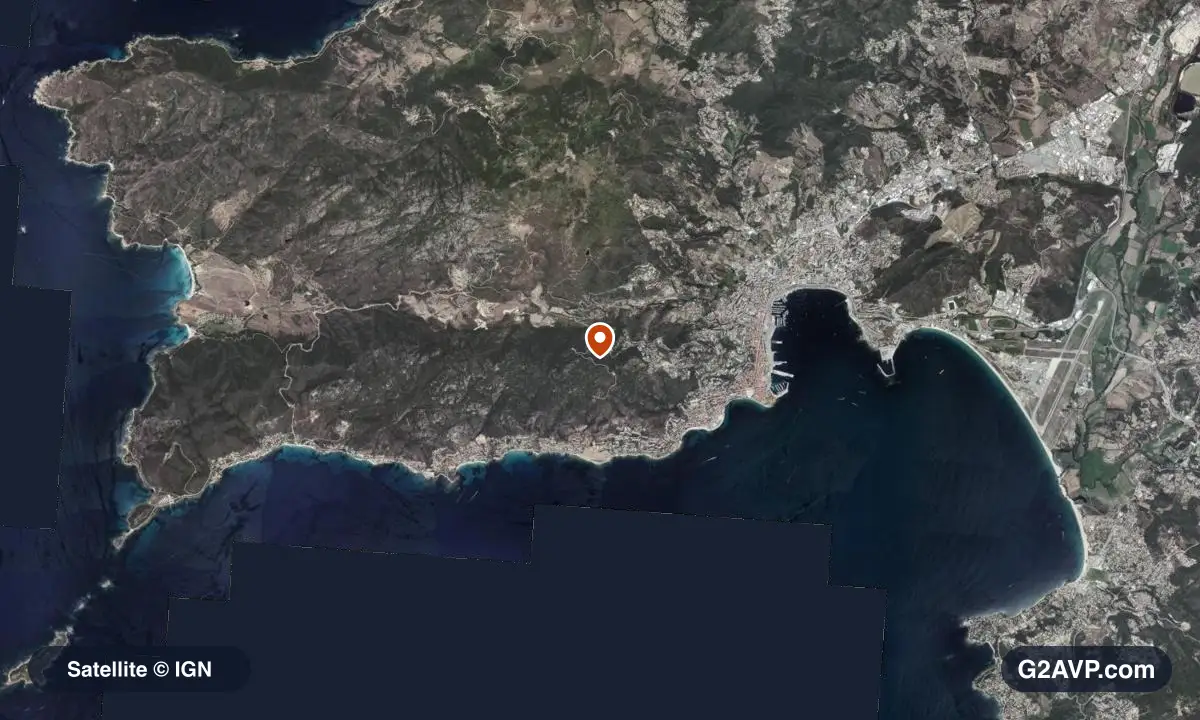 Vue satellite (orthophoto IGN) du secteur d'Ajaccio, même emprise que la carte géologique