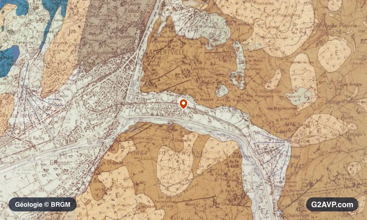 Carte géologique BRGM au 1/50 000 du secteur d'Albertville : schistes et grès en formations dominantes, repère au centre de la commune
