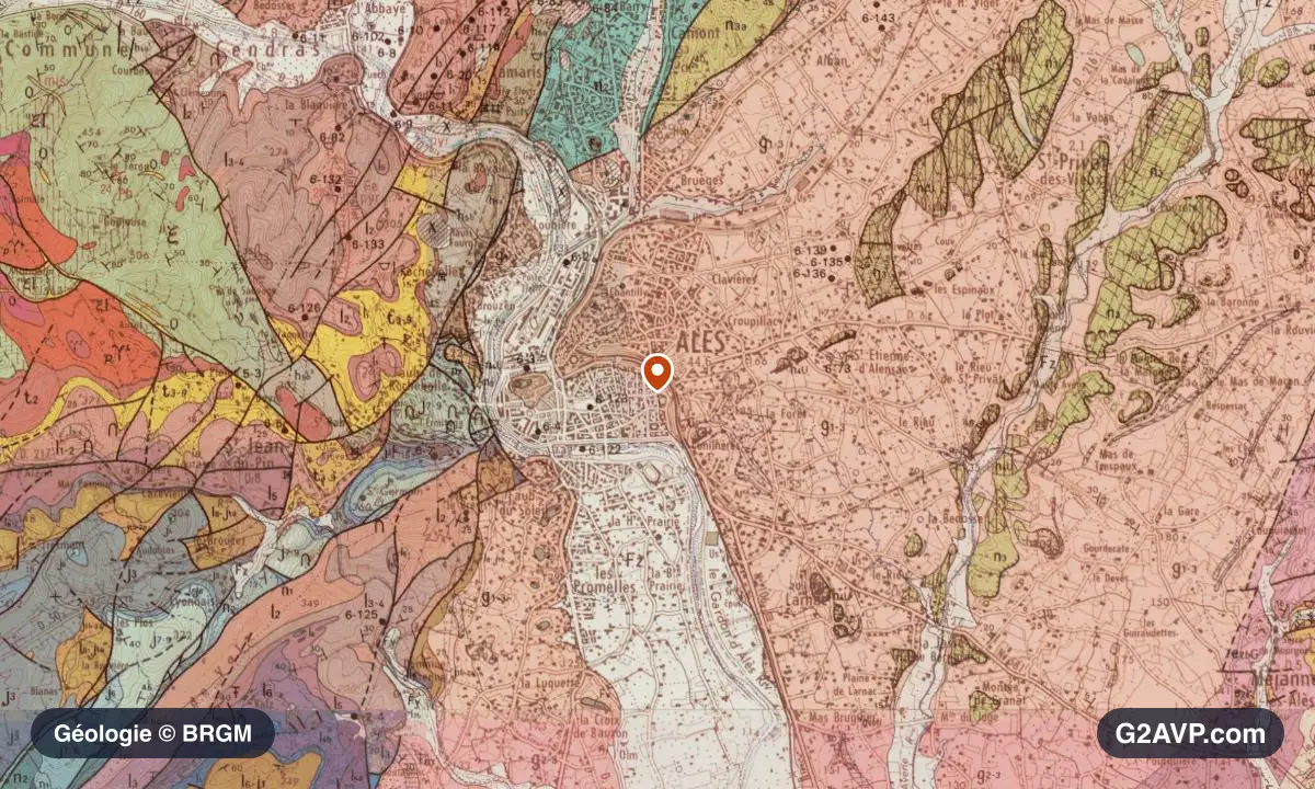 Carte géologique BRGM au 1/50 000 du secteur d'Alès : grès en formations dominantes, repère au centre de la commune