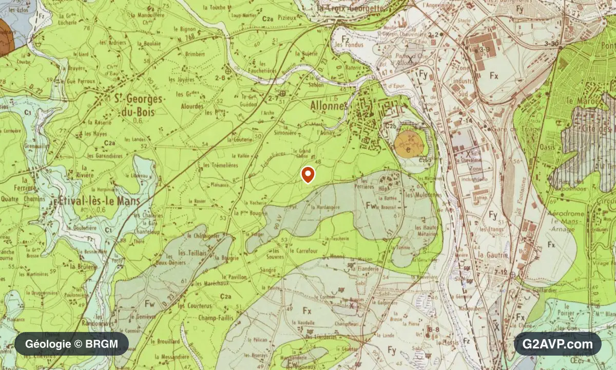 Carte géologique BRGM au 1/50 000 du secteur d'Allonnes : craie en formations dominantes, repère au centre de la commune