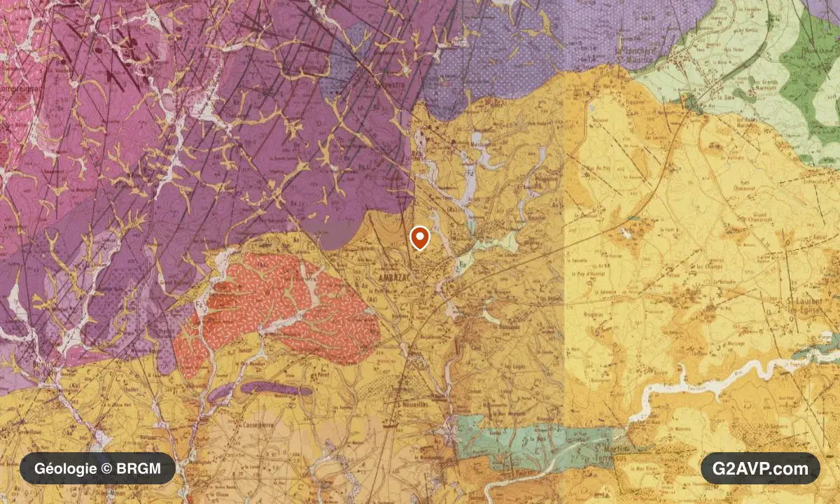 Carte géologique BRGM au 1/50 000 du secteur d'Ambazac : granites en formations dominantes, repère au centre de la commune
