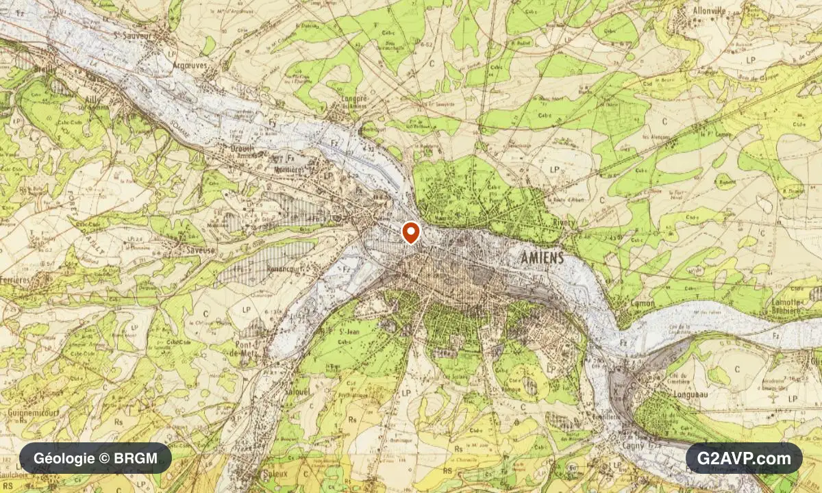 Carte géologique BRGM au 1/50 000 du secteur d'Amiens : craie en formations dominantes, repère au centre de la commune