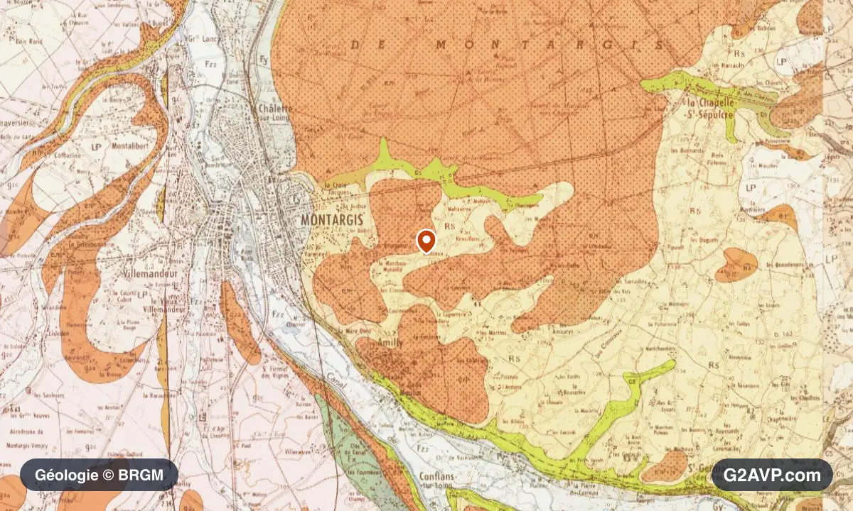 Carte géologique BRGM au 1/50 000 du secteur d'Amilly : craie en formations dominantes, repère au centre de la commune