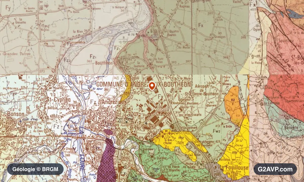 Carte géologique BRGM au 1/50 000 du secteur d'Andrézieux-Bouthéon : argiles en formations dominantes, repère au centre de la commune
