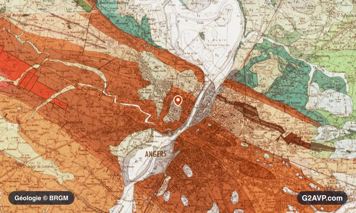 Carte géologique BRGM au 1/50 000 du secteur d'Angers : schistes et grès en formations dominantes, repère au centre de la commune