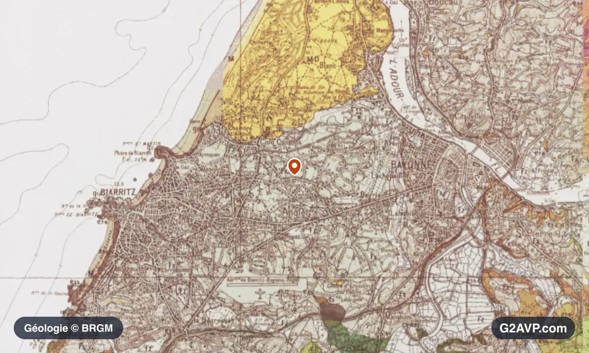 Carte géologique BRGM au 1/50 000 du secteur d'Anglet : calcaires, marnes et gypse en formations dominantes, repère au centre de la commune