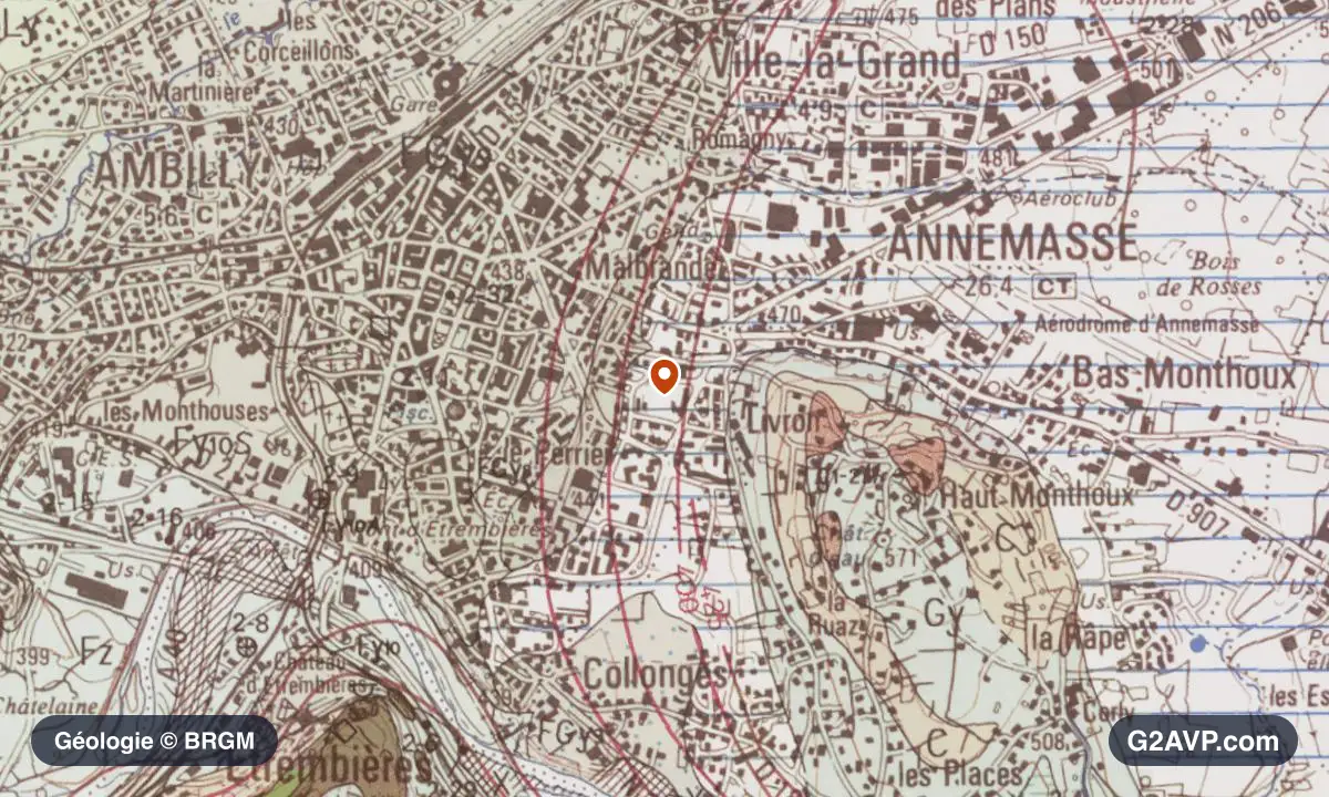 Carte géologique BRGM au 1/50 000 du secteur d'Annemasse : calcaires, marnes et gypse en formations dominantes, repère au centre de la commune