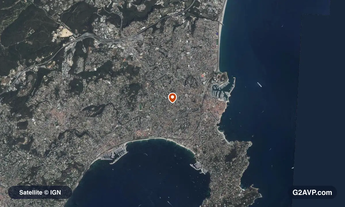 Vue satellite (orthophoto IGN) du secteur d'Antibes, même emprise que la carte géologique