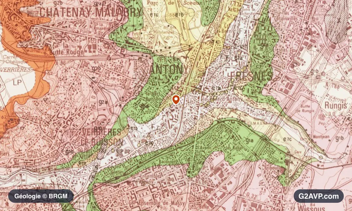 Carte géologique BRGM au 1/50 000 du secteur d'Antony : calcaires, marnes et gypse en formations dominantes, repère au centre de la commune