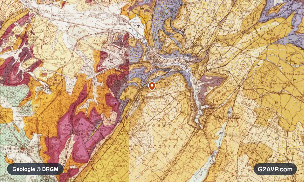 Carte géologique BRGM au 1/50 000 du secteur d'Arbois : calcaires, marnes et gypse en formations dominantes, repère au centre de la commune