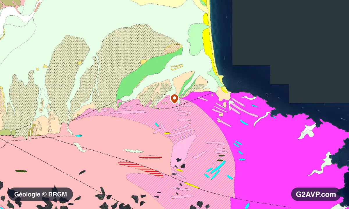 Carte géologique BRGM au 1/50 000 du secteur d'Argelès-sur-Mer : gneiss en formations dominantes, repère au centre de la commune