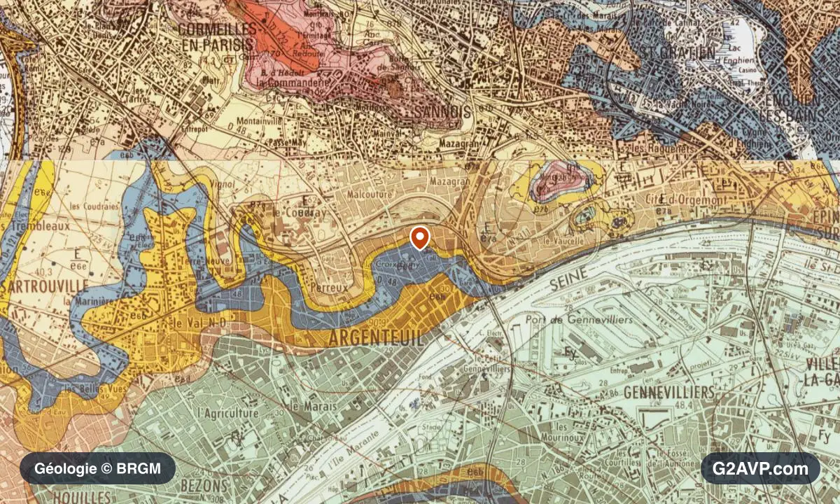 Carte géologique BRGM au 1/50 000 du secteur d'Argenteuil : calcaires, marnes et gypse en formations dominantes, repère au centre de la commune