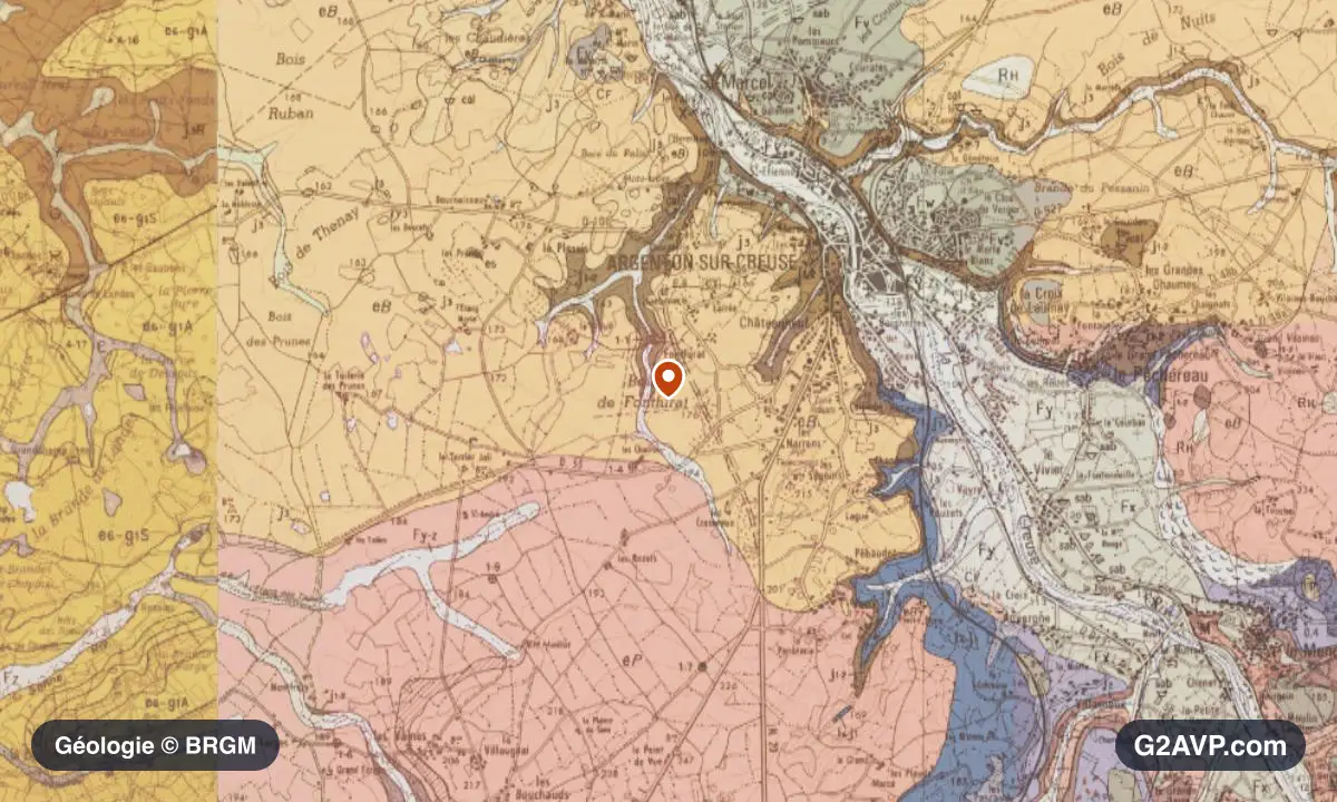 Carte géologique BRGM au 1/50 000 du secteur d'Argenton-sur-Creuse : calcaires, marnes et gypse en formations dominantes, repère au centre de la commune
