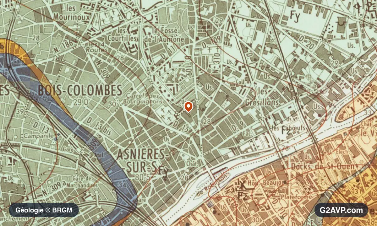 Carte géologique BRGM au 1/50 000 du secteur d'Asnières-sur-Seine : calcaires, marnes et gypse en formations dominantes, repère au centre de la commune