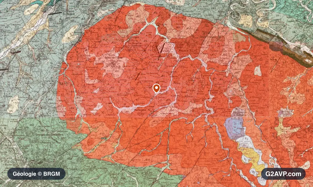 Carte géologique BRGM au 1/50 000 du secteur d'Athis-Val de Rouvre : granites en formations dominantes, repère au centre de la commune