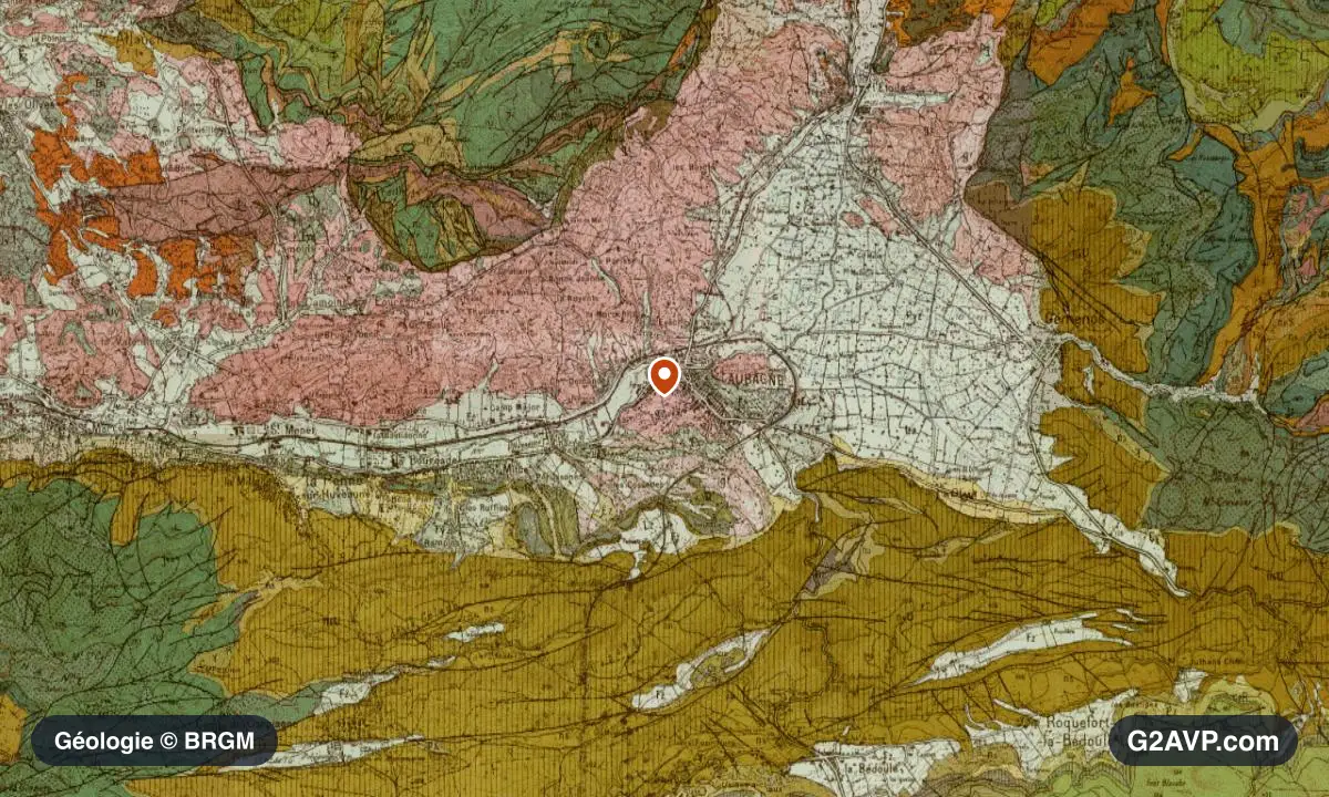 Carte géologique BRGM au 1/50 000 du secteur d'Aubagne : argiles en formations dominantes, repère au centre de la commune