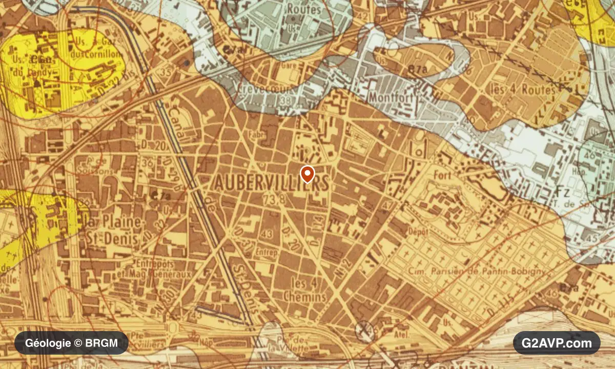 Carte géologique BRGM au 1/50 000 du secteur d'Aubervilliers : calcaires, marnes et gypse en formations dominantes, repère au centre de la commune