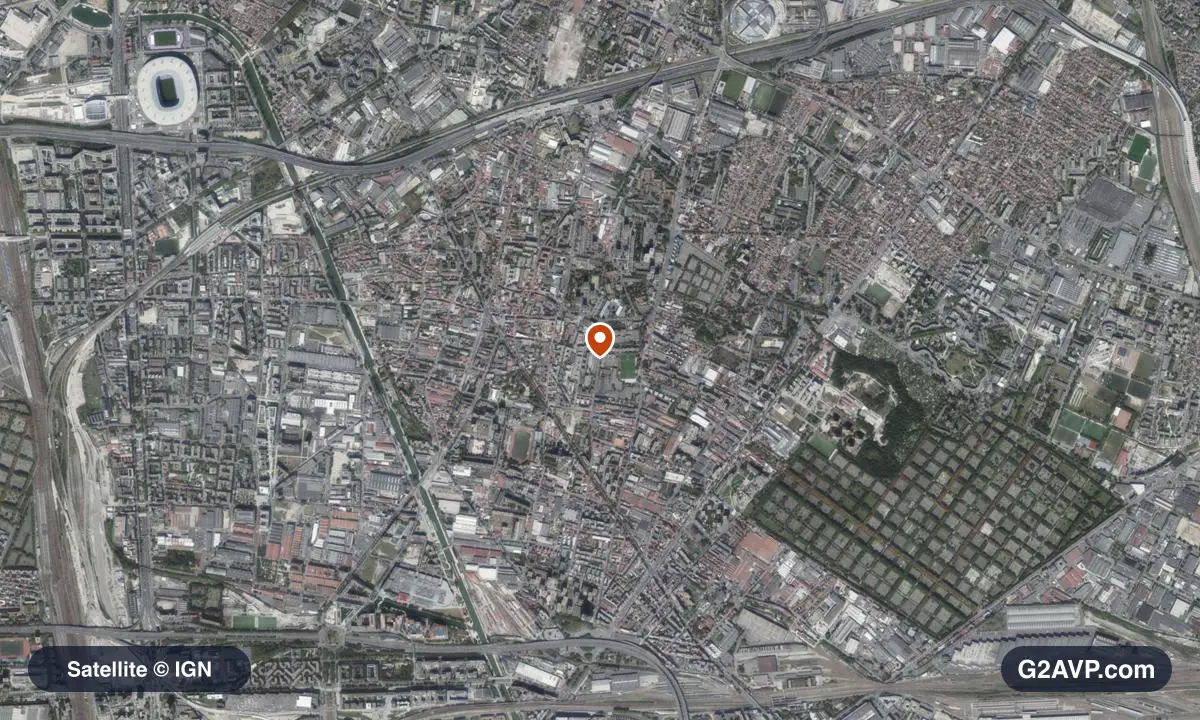 Vue satellite (orthophoto IGN) du secteur d'Aubervilliers, même emprise que la carte géologique