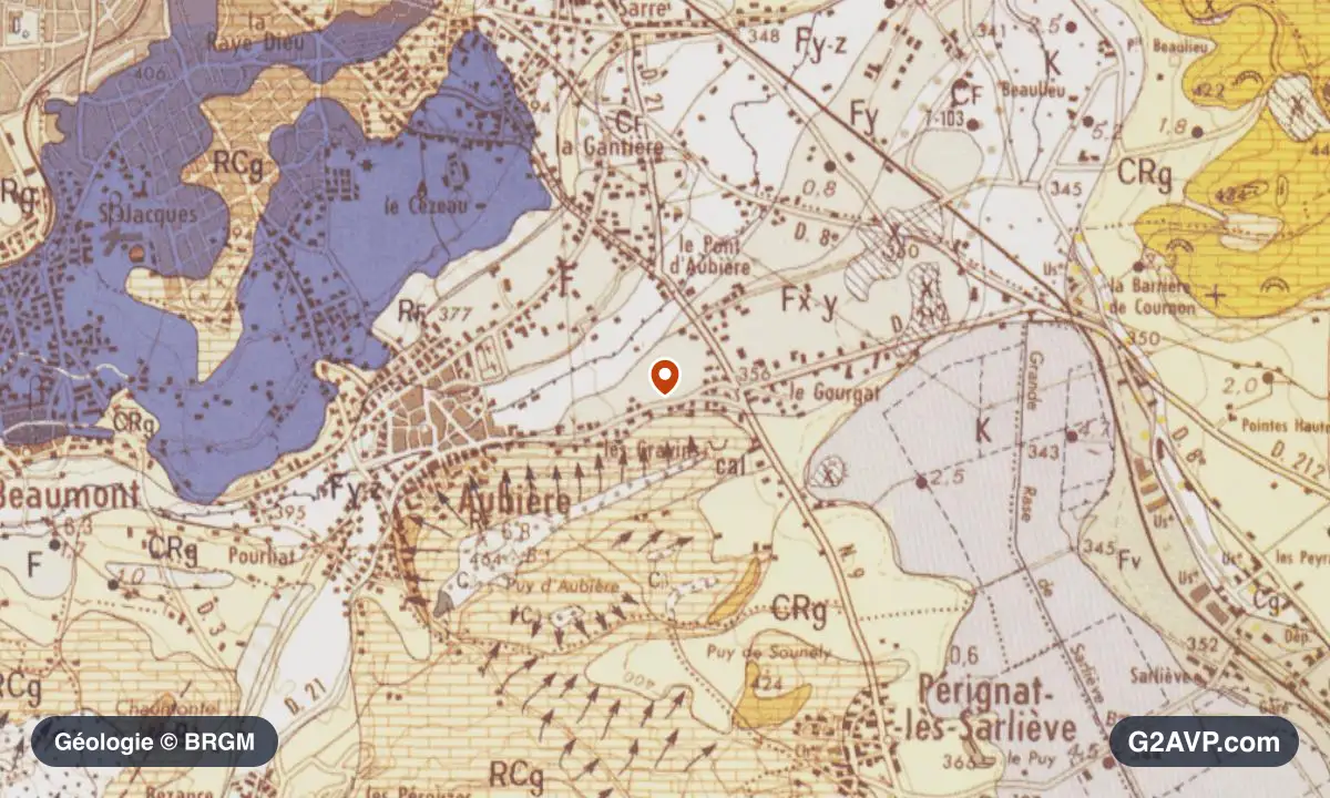Carte géologique BRGM au 1/50 000 du secteur d'Aubière : basaltes et rhyolites en formations dominantes, repère au centre de la commune